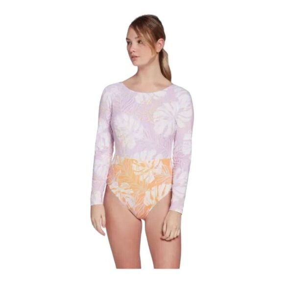 NWT Calia Palms Lavender One Piece Tie Back Tropical Print Long Sleeve Swimsuit - Picture 1 of 16